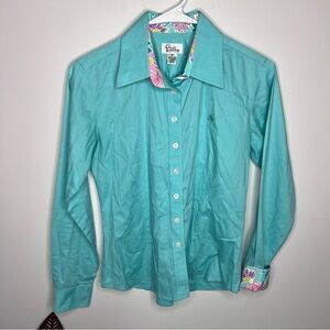 Lily‎ Pulitzer Vintage Button Up Shirt Blue Long Sleeve Palm Logo A19